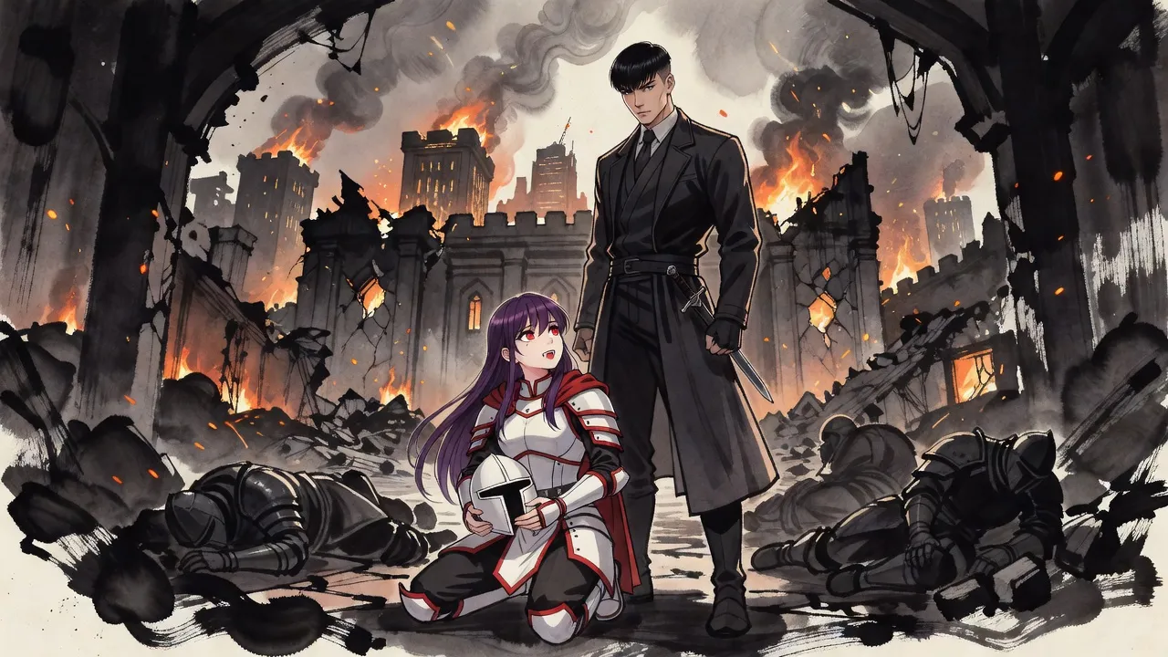 A purple-haired demon knight kneels with her helmet in her hands among fallen armoured figures as a young man stands over her in a burning hall.