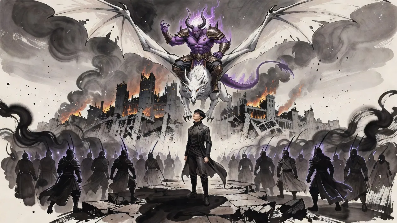 A purple-skinned horned demon king rides a huge white winged dragon over a burning ruin while a young man stands below in a pool of shadow.