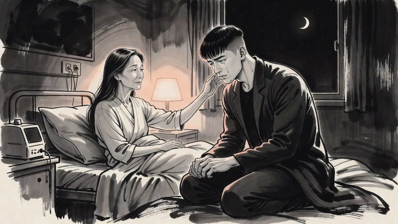 A thin woman sitting up in a hospital bed at night rests her hand on the face of her kneeling, weeping son.