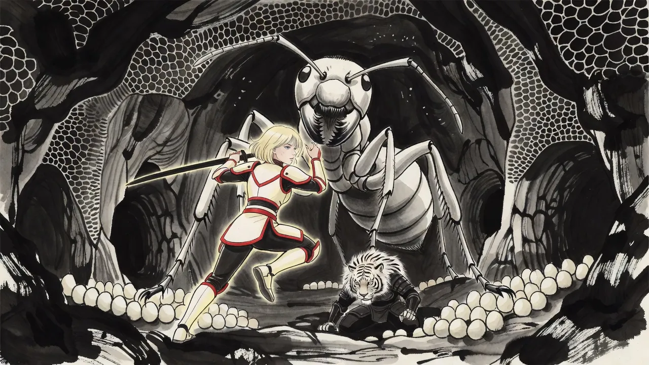 A blonde swordswoman leaps with her blade drawn back at the neck of an enormous pale ant queen in a hive cavern while a half-tiger man crouches below.