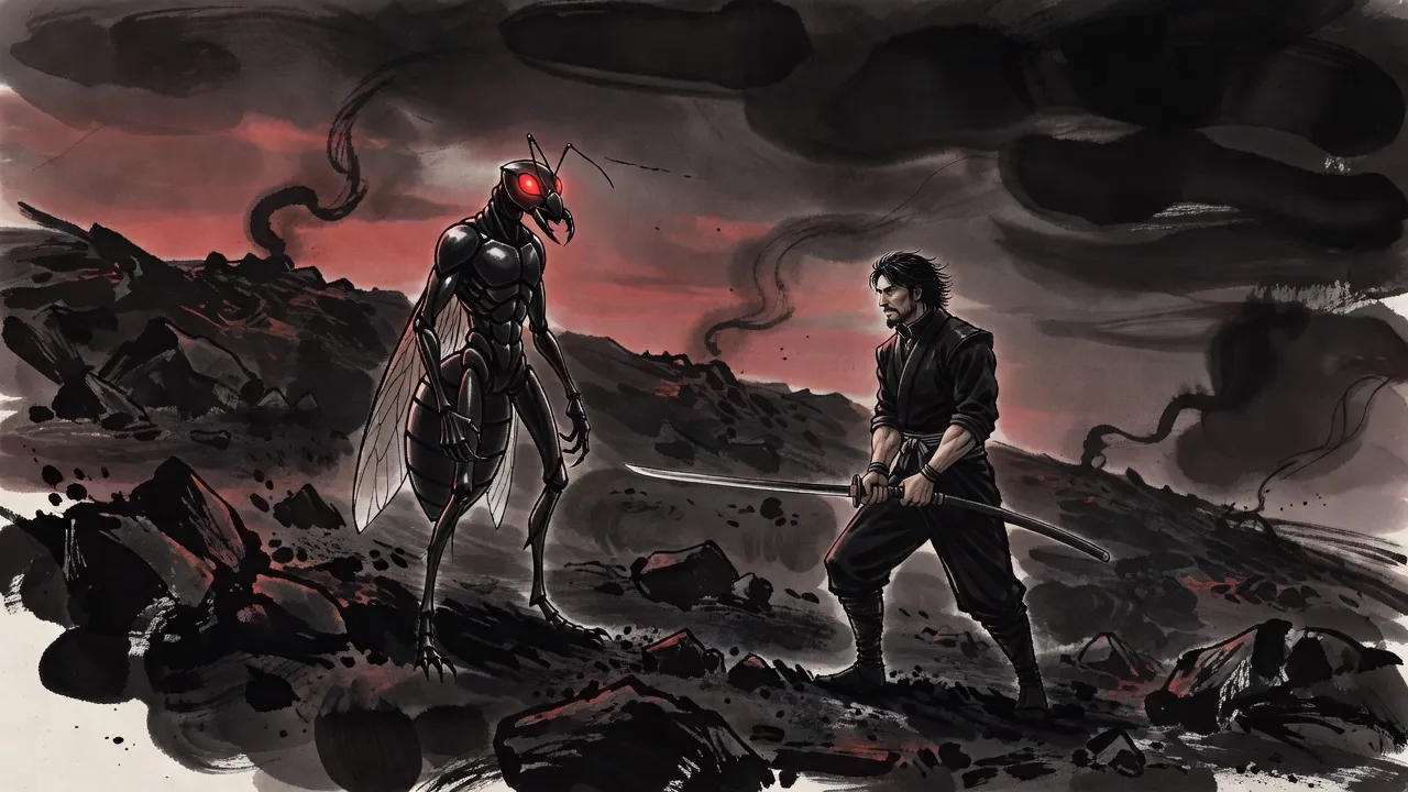 A bearded swordsman braces with a long katana before a tall black winged ant-man with red eyes on a scorched hillside at dusk.