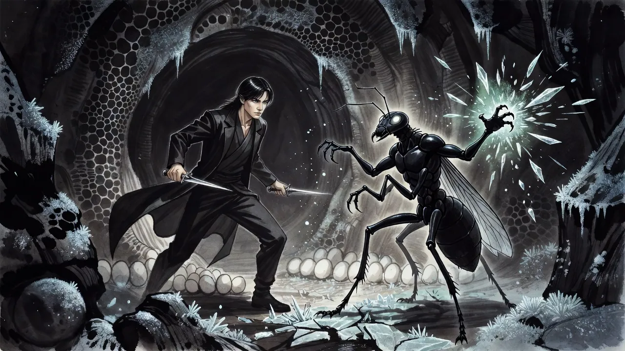 A young man with a dagger in each hand lunges at a black winged ant-man in a frost-crusted tunnel as shards of ice fly.