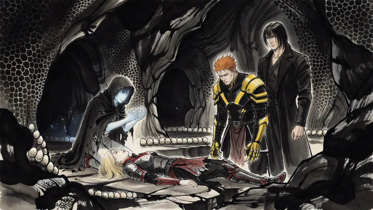 A hooded shadow figure with glowing skin kneels with its hands over an unconscious swordswoman while two men watch in a dark cavern.