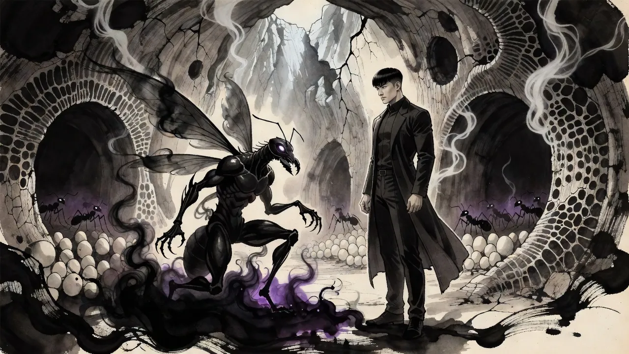 A tall shadow ant-warrior rises out of a pool of black ink and kneels before a young man in a long coat, rows of shadow ants behind them.