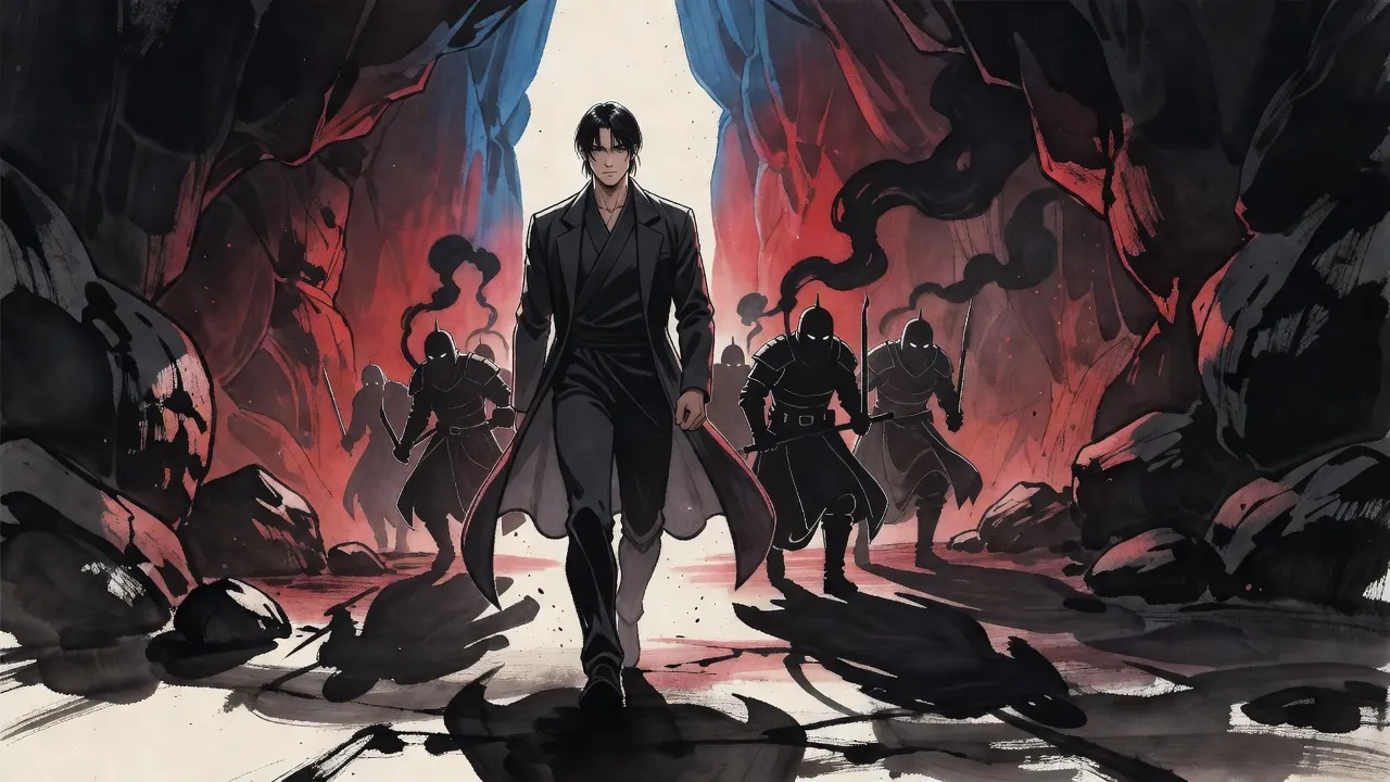A young man in a long dark coat walks forward through a rock cavern flushing deep red while smoke soldiers rise behind him.