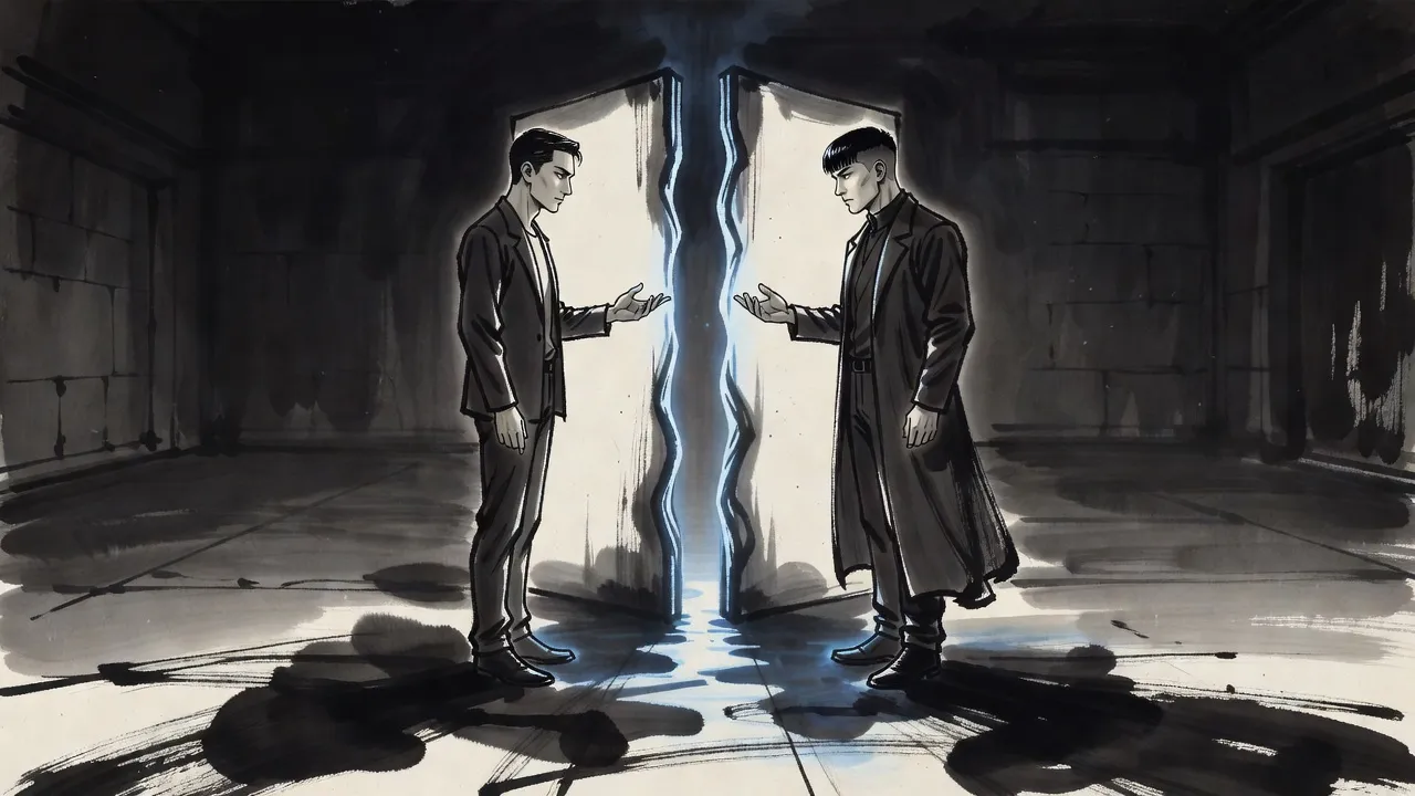 Two young men in dark coats face each other across a tall rift of cold blue light in a dark hall, one with short neat hair, the other with long sleek bangs, their shadows running together on the floor.