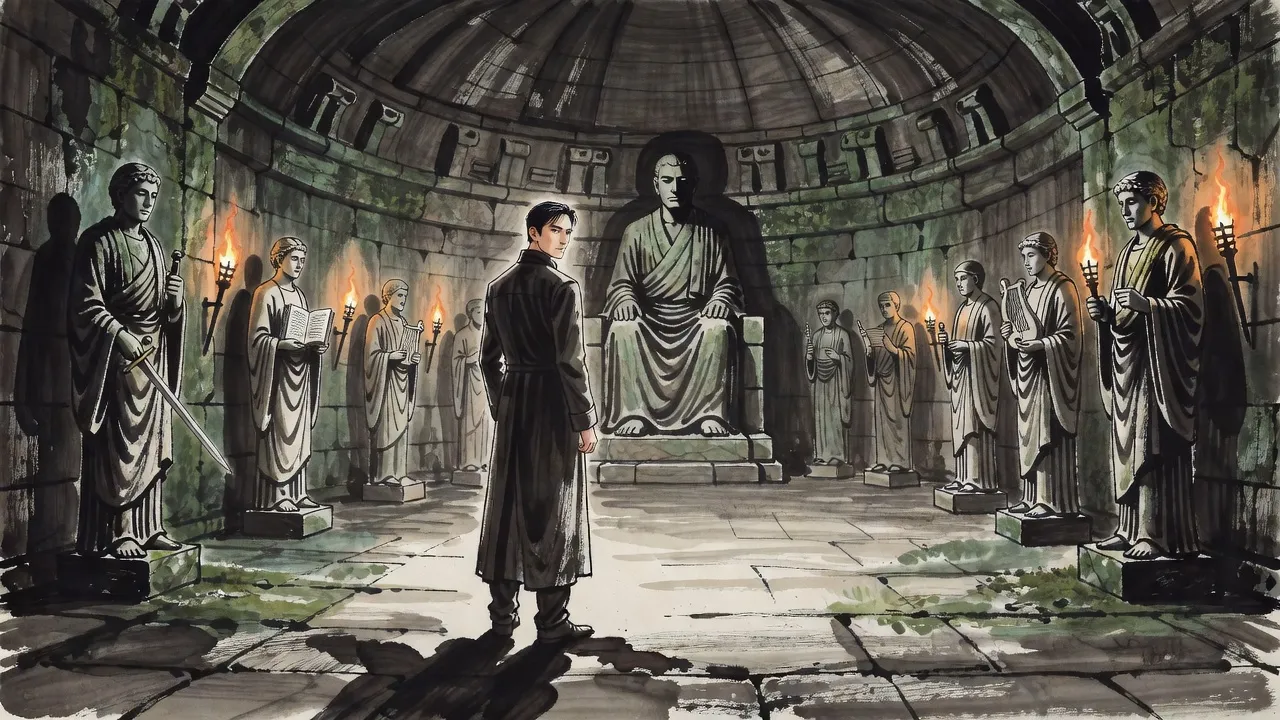 A man in a long coat, seen from behind, stands alone in the doorway of a vast torchlit domed temple, looking down the hall toward a colossal seated stone statue.