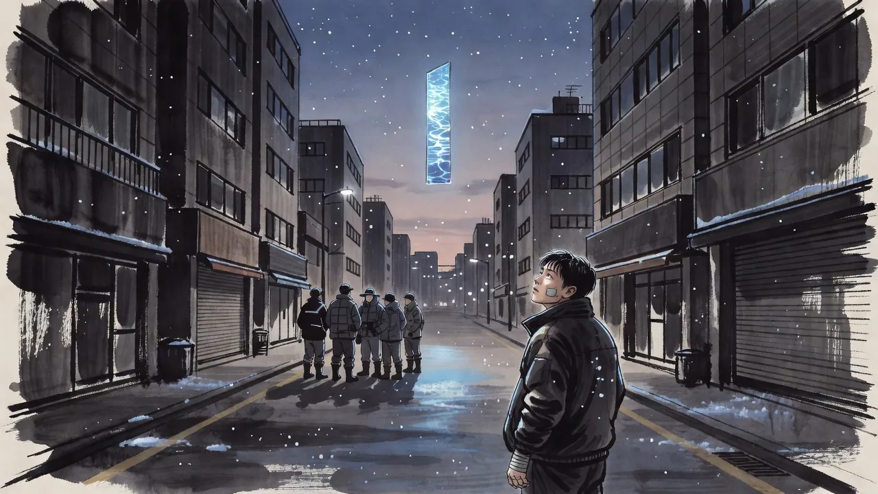 Above a Seoul street at winter dusk a tall rift of cold blue light hangs in the air while a few hunters gather below it and a young man in a padded jacket looks up at it from the kerb.