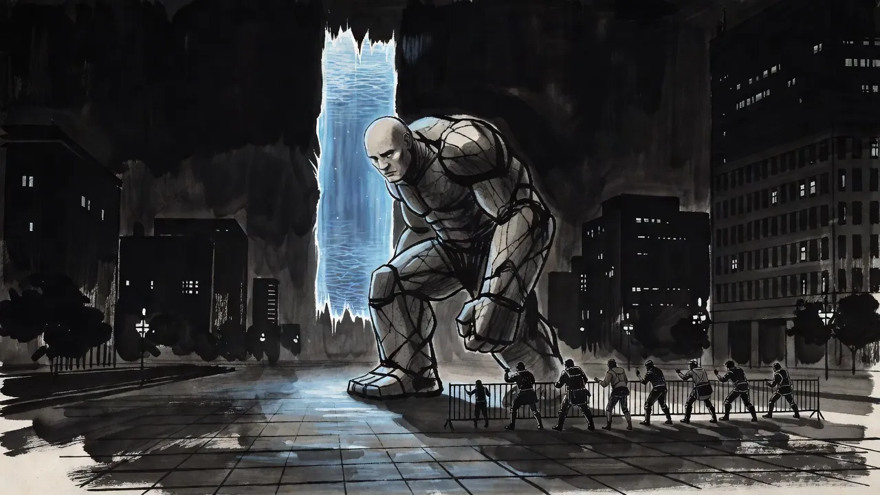 At night in an empty city plaza a towering stone golem stoops to step out of a torn rift of blue light while a thin line of hunters braces behind a barricade.