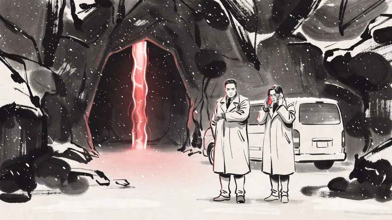 At dusk in a frozen, empty quarry, a tall rift of crimson light hangs sealed before a dark cave mouth while two figures in winter coats wait beside it, one checking his watch.