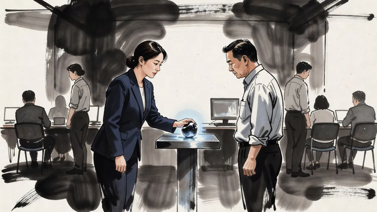 In a bright government testing hall, a woman in an office blazer rests her hand on a black crystal on a steel stand while an official watches a screen and others wait on plastic chairs behind.