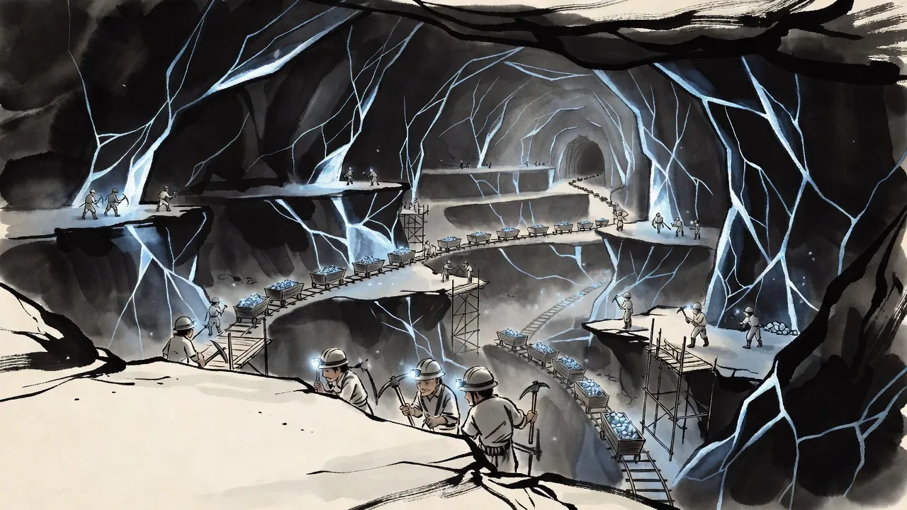 Seen from a high ledge, a cathedral-sized cavern veined with glowing crystal, where tiny crews of miners with headlamps work the terraces and a line of ore carts runs on rails toward a distant glow.