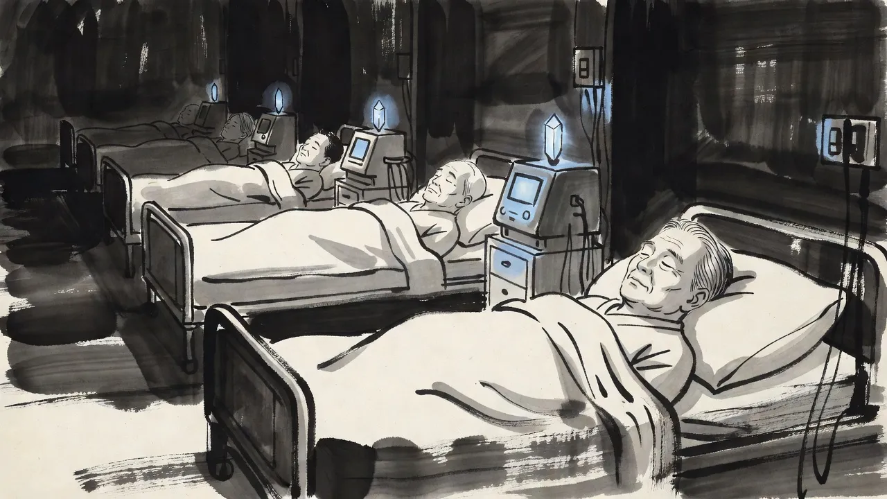 A long, dim hospital ward of sleeping patients, each bed lit by the soft glow of a crystal set into the life-support machine beside it.