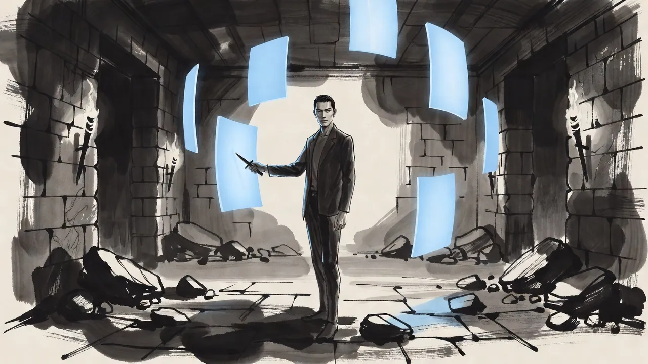 In an empty stone hall a young man stands among several floating panes of blue light and draws a short black dagger out of the nearest one.