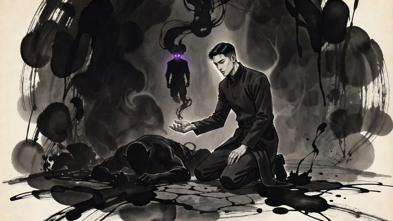 In a dark cavern a man in a long coat kneels beside a fallen orc as black smoke rises from the body and stands up as a soldier with violet eyes.