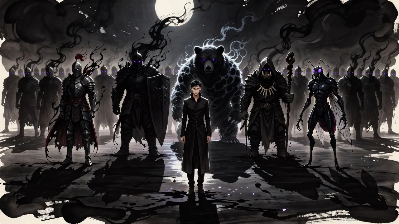 On a flat plain of black stone at night a man in a long coat stands before a crimson-crested knight, a shield-bearing giant, a huge smoke bear, a hooded orc shaman and an upright ant warrior, with ranks of smoky soldiers fading behind.