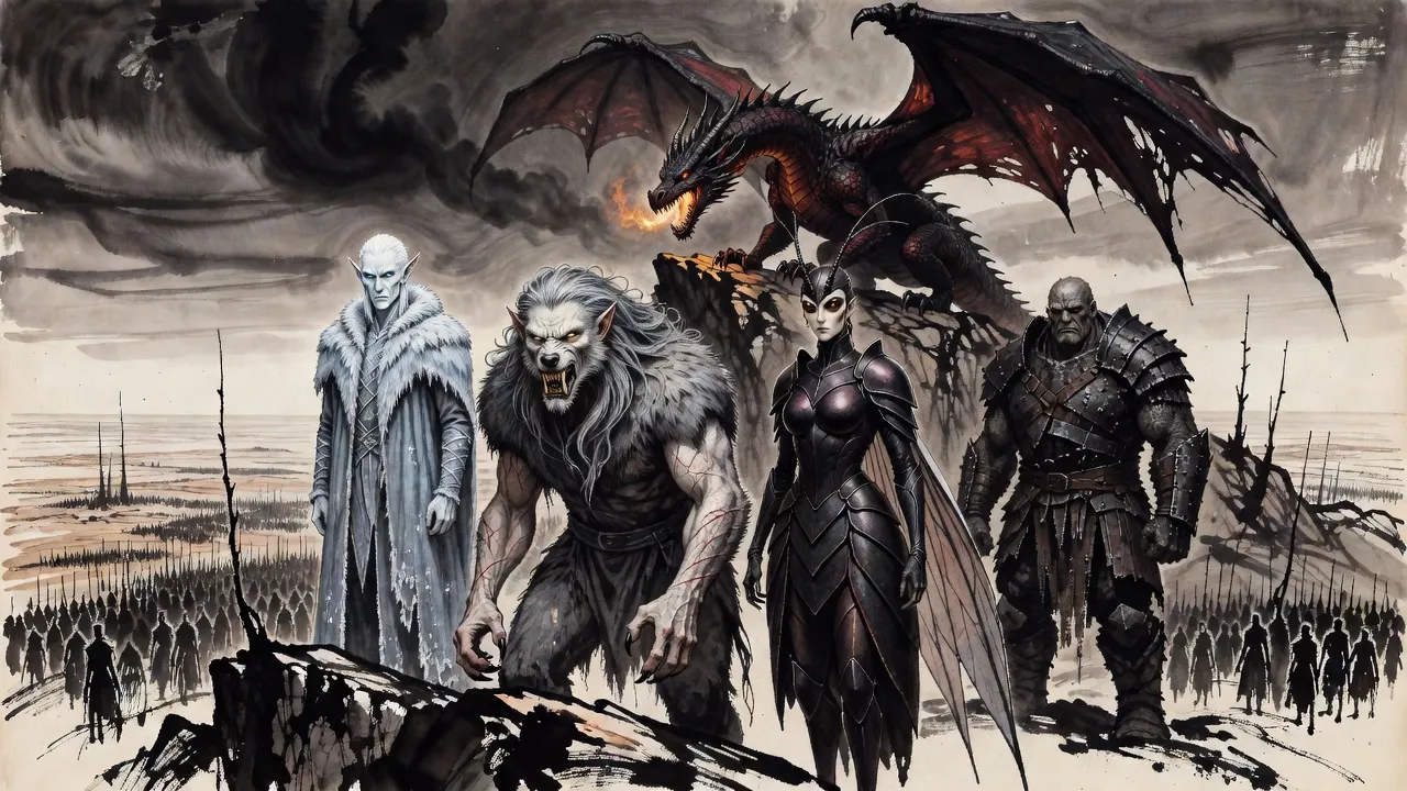 On a ridge of bare rock under a dark sky, a frost-rimed elf lord, a wolfish man in furs, an armoured insect queen and an iron-skinned giant stand apart beneath a colossal dragon coiled on the highest crag.
