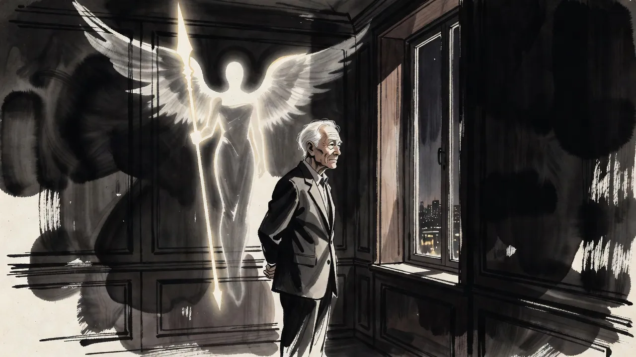 At night an old man in a dark suit stands at his office window looking over the city, while on the wall behind him the faint outline of a tall winged figure of light stands where his shadow should be.