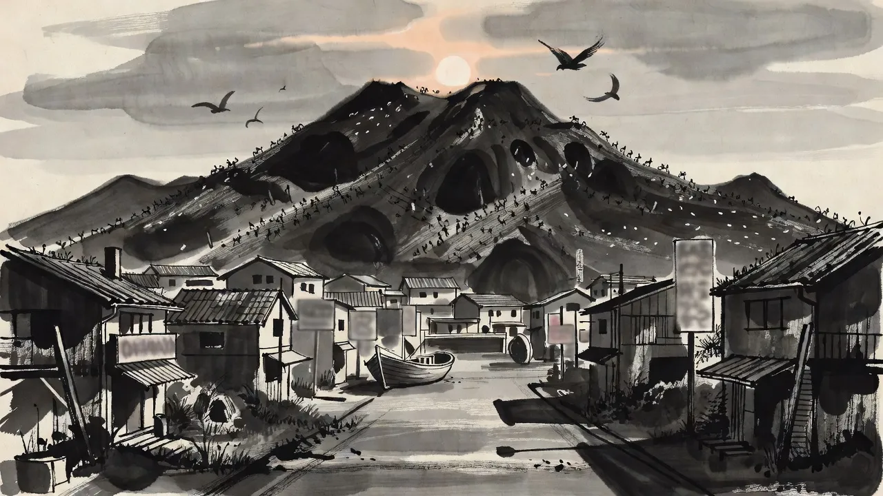 At grey midday, beyond an empty, overgrown harbour town, a great volcanic mountain rises pocked with tunnel mouths and crawling with tiny dark insect shapes, a few winged ones circling its summit.